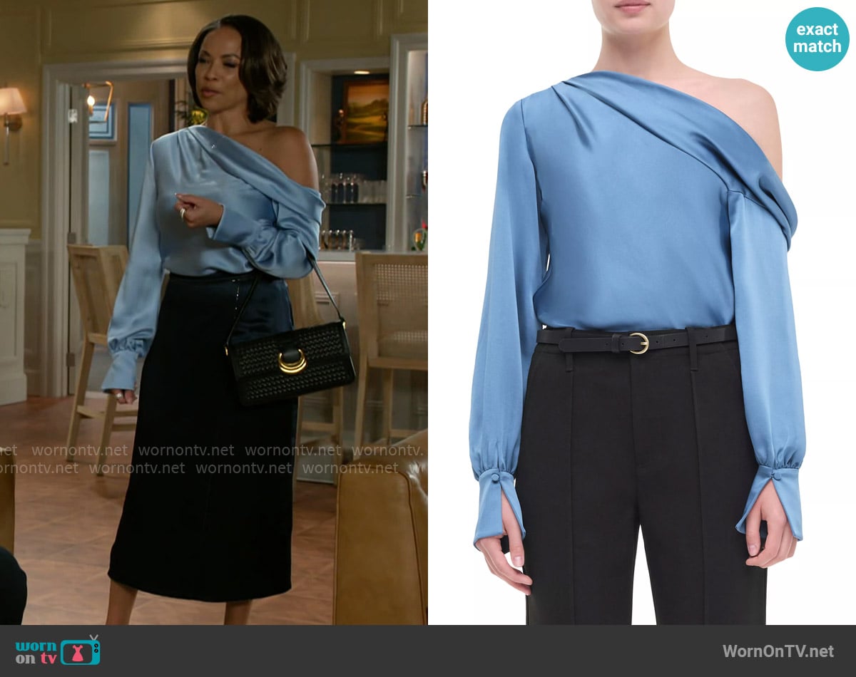 Simkhai Alice One-Shoulder Top in Sky Blue worn by Nicole Dupree Richardson (Daphnee Duplaix) on Beyond the Gates