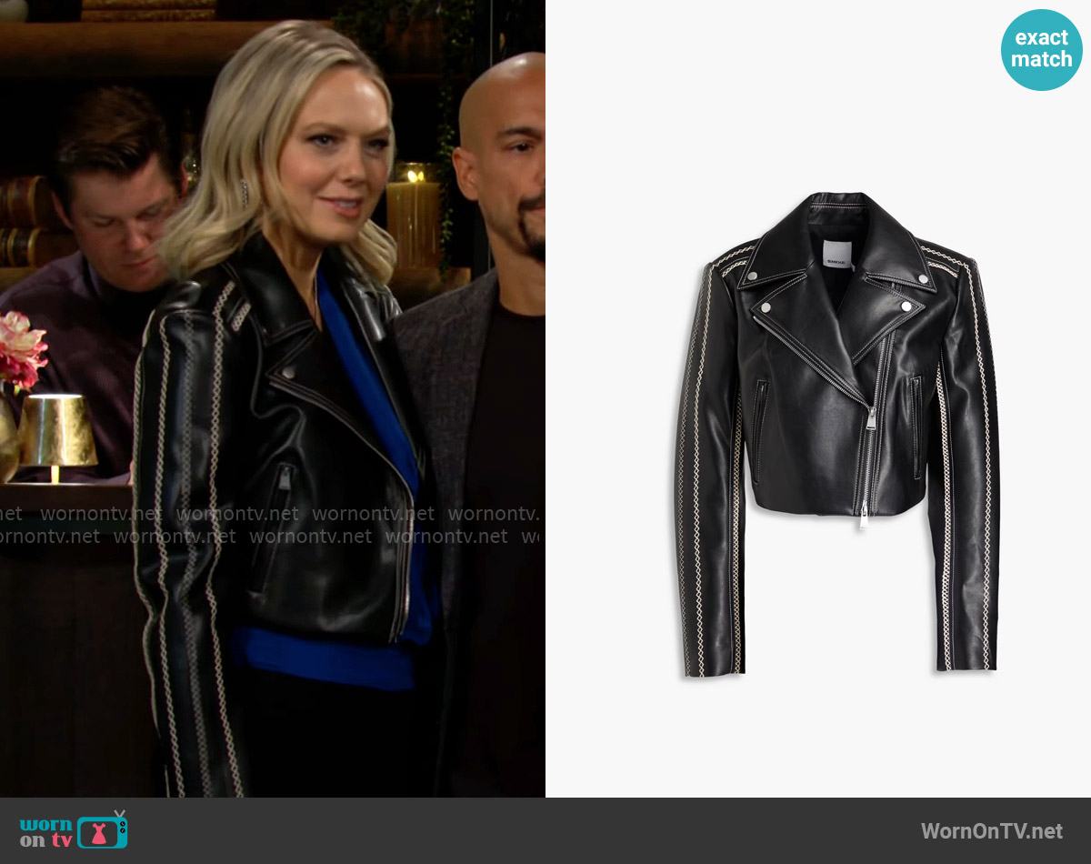 Simkhai Oslo cropped embroidered faux leather biker jacket worn by Abby Newman (Melissa Ordway) on The Young and the Restless