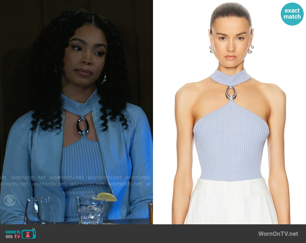 Simkhai Rubie Mock Neck Top With Hardware in French Blue worn by Chelsea Hamilton (RhonniRose Mantilla) on Beyond the Gates