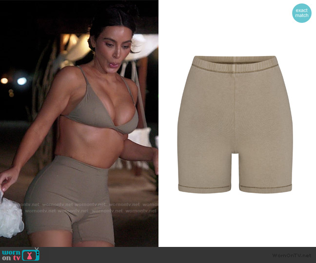 Skims Biker Shorts in Taupe worn by Kim Kardashian (Kim Kardashian) on The Kardashians