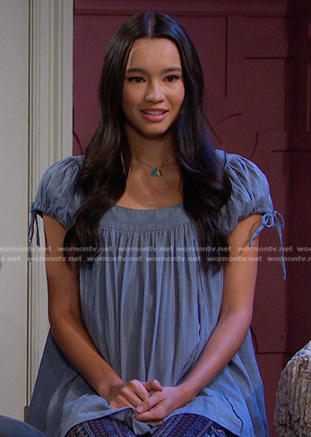 Sophia’s blue puff short sleeve top on Days of our Lives