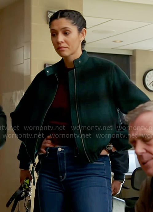 Stella’s green plaid bomber jacket on Chicago Fire