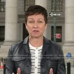 Stephanie’s white striped cardigan and leather jacket on Today