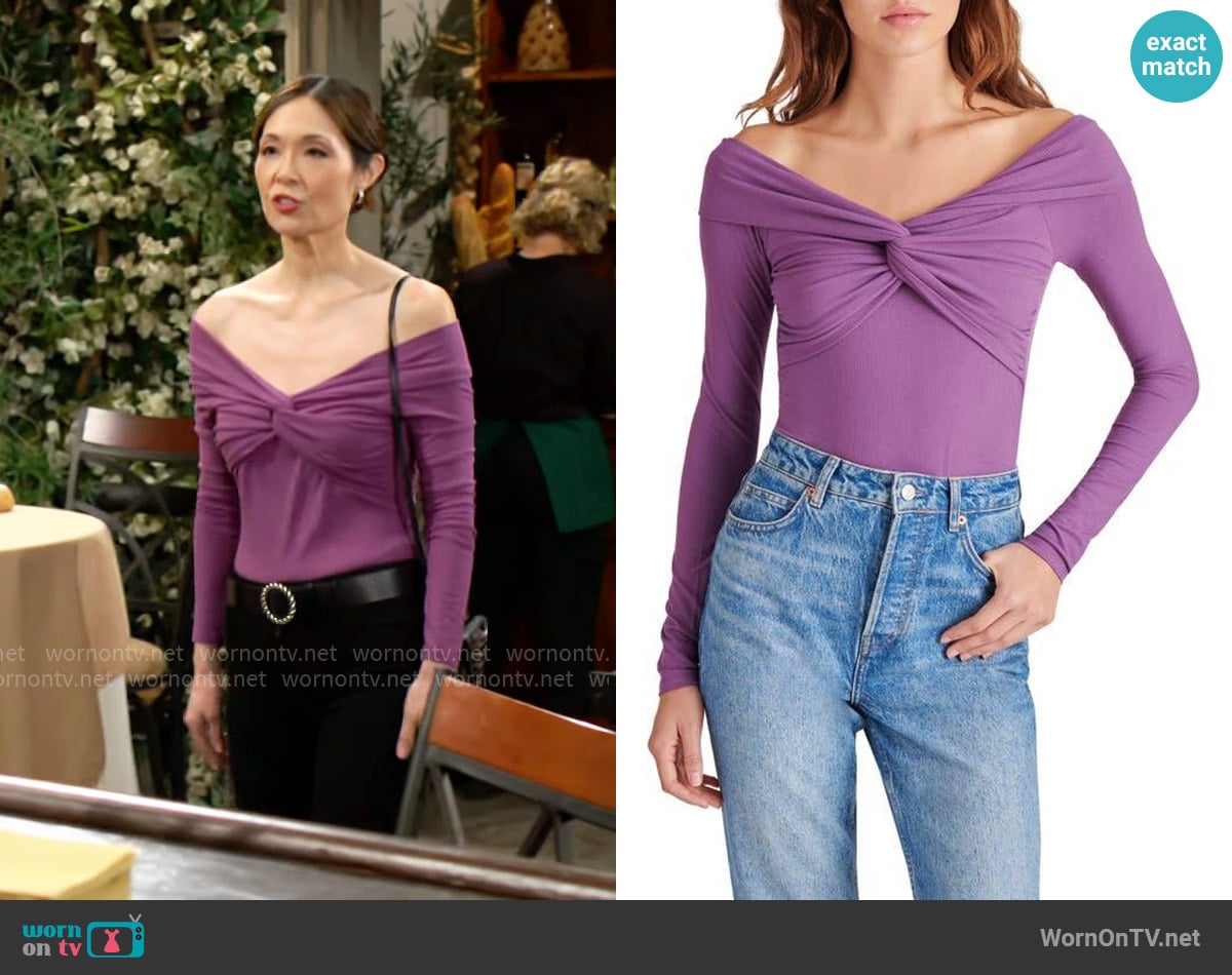 Steve Madden Off the Shoulder Twist Front Long Sleeve Bodysuit in Violet worn by Penelope Poppy Nozawa (Romy Park) on The Bold and the Beautiful