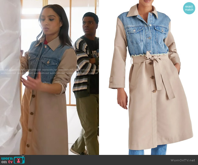 Steve Madden Soraya Mixed Media Coat in Denim Multi worn by May Grant (Corinne Massiah) on 9-1-1