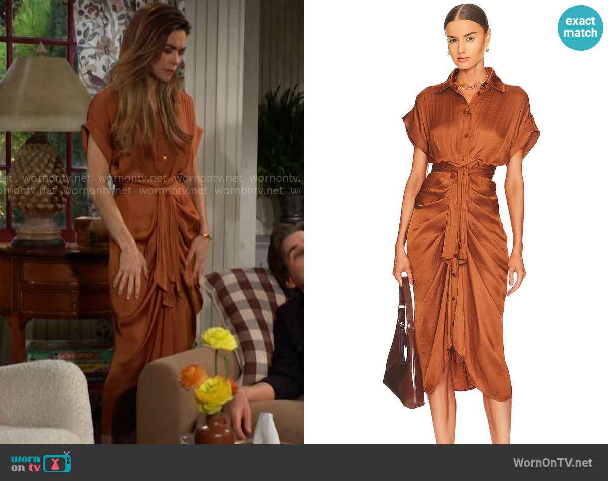 Steve Madden Tori Midi Dress in Mocha Bisque worn by Victoria Newman (Amelia Heinle) on The Young and the Restless