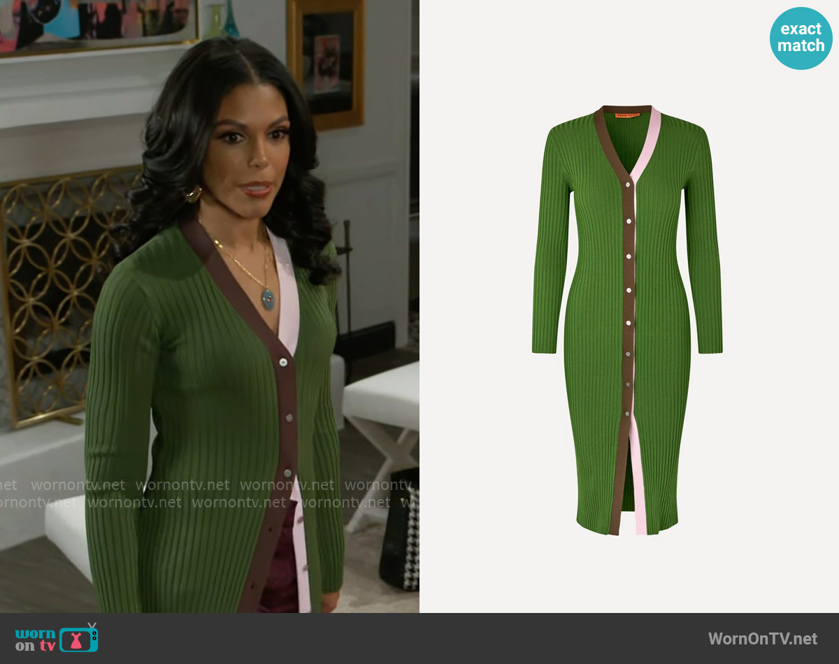 Stine Goya Cardigan Dress in Sage Green Multi worn by Dani Dupree (Karla Mosley) on Beyond the Gates