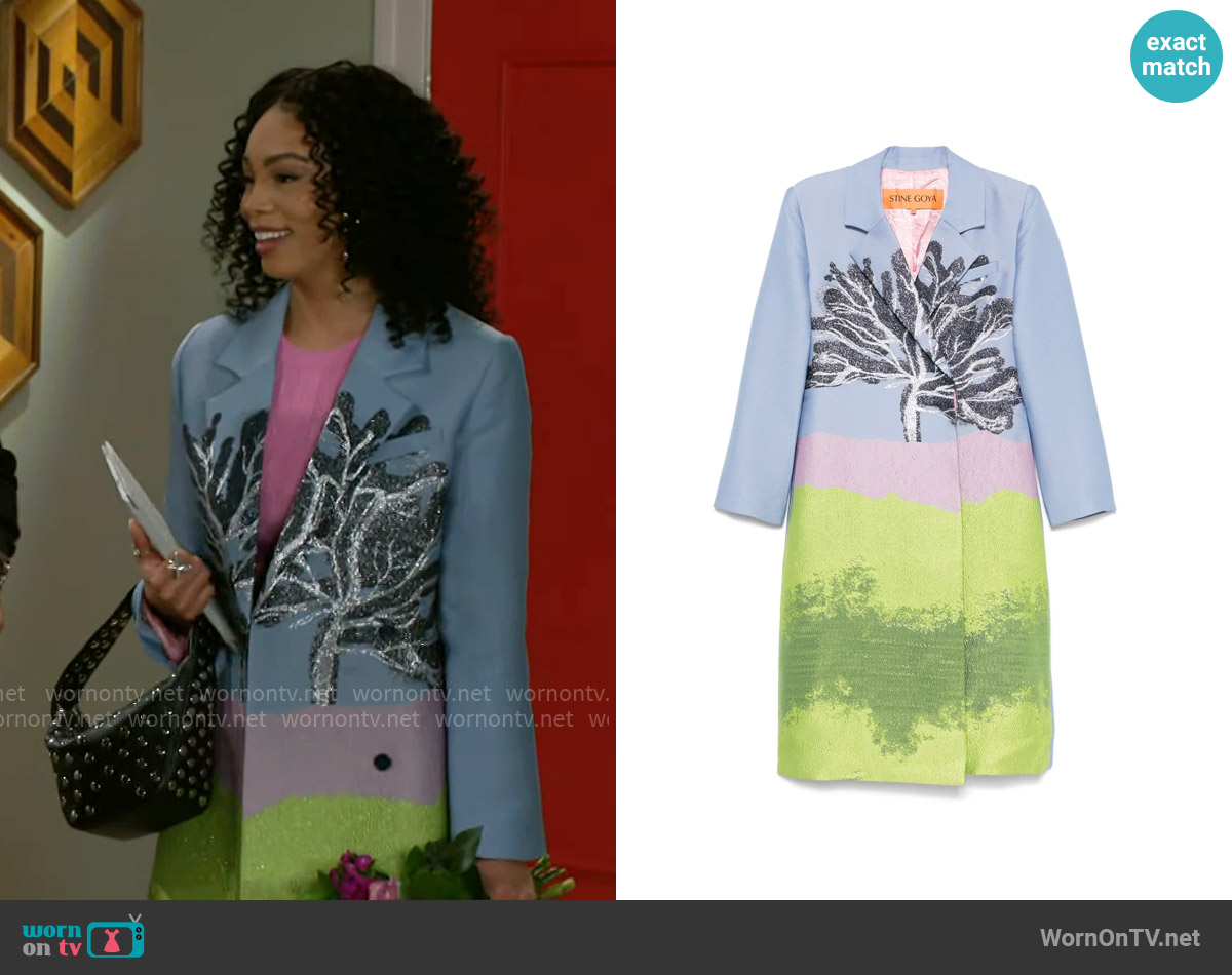 Stine Goya Tree Coat worn by Chelsea Hamilton (RhonniRose Mantilla) on Beyond the Gates