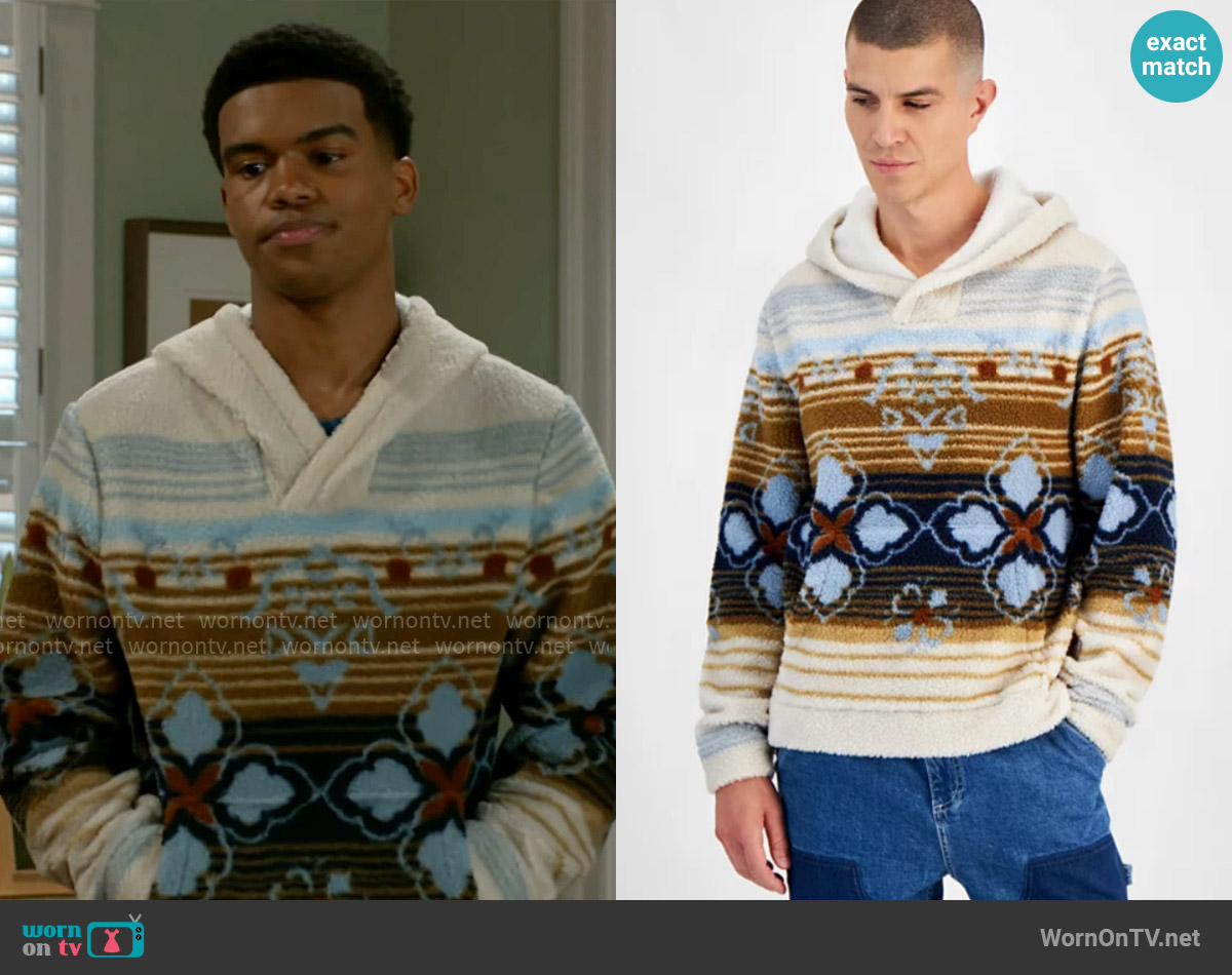 Sun + Stone Tate Geo Stripe-Print Fleece Hoodie worn by Tyrell Richardson (Jaden Lucas Miller) on Beyond the Gates