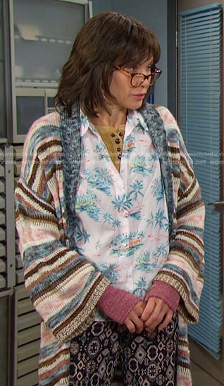 Susan’s hawaiian print shirt and striped cardigan on Days of our Lives