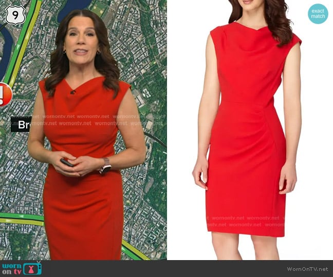 Tahari Ruched Sheath Dress in Red worn by Heather O’Rourke on Good Morning America