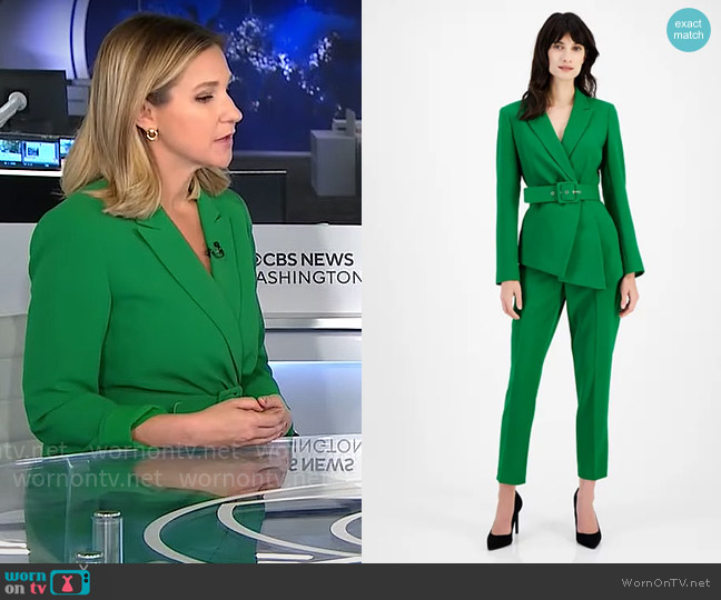 Tahari ASL Belted Pantsuit in Emerald worn by Caitlin Huey-Burns on CBS Mornings