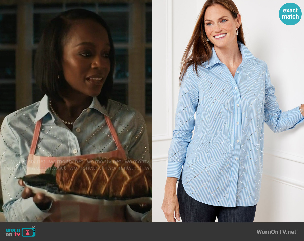 Talbots Embellished Button Front Shirt in Lakeside Stripe worn by Catherine (Aja Naomi King) on Grosse Pointe Garden Society