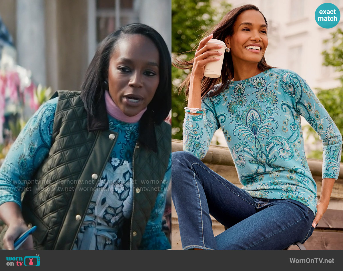 Talbots Audrey Cashmere Sweater in Imperial Floral worn by Catherine (Aja Naomi King) on Grosse Pointe Garden Society