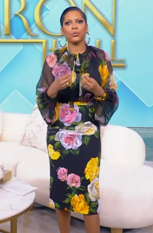 Tamron’s floral print sheer blouse and skirt on Tamron Hall Show