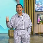 Tamron’s stripe embellished top and pants on Tamron Hall Show
