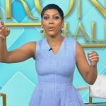 Tamron’s denim v-neck dress on Tamron Hall Show