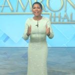 Tamron’s mint rhinestone embellished cardigan and skirt on Tamron Hall Show
