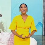Tamron’s yellow surplice dress on Tamron Hall Show