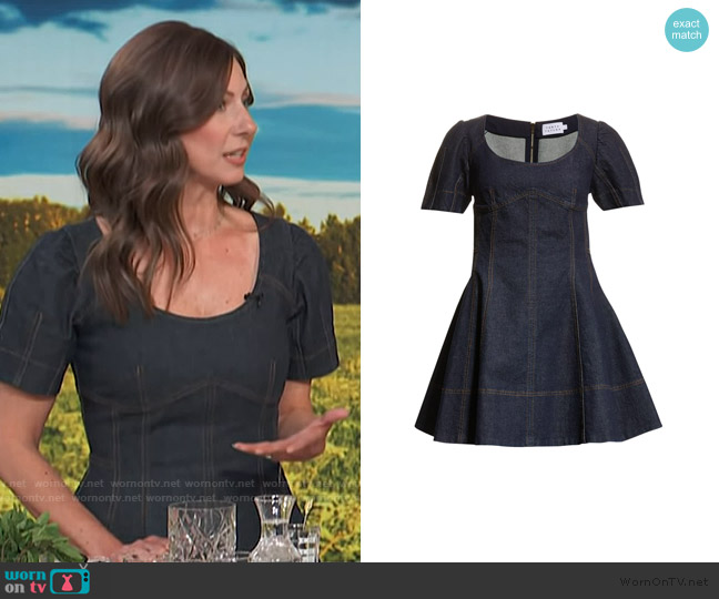 Tanya Taylor Mia Fit-&-Flare Mini Topstitched Denim Dress worn by Ashley Frey on Access Hollywood