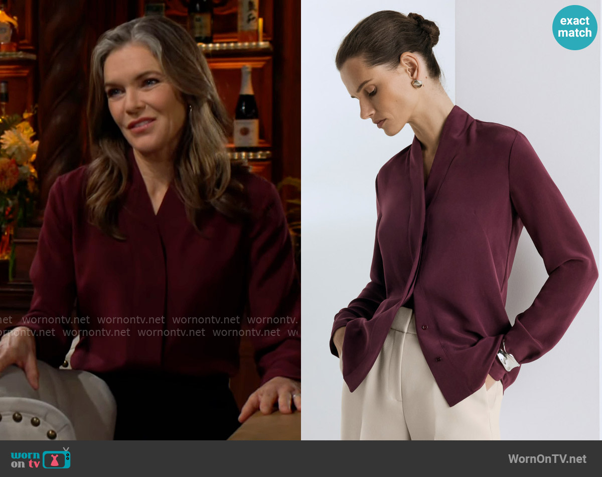 The Fold London Bowery Stretch Silk Blouse in Plum worn by Diane Jenkins (Susan Walters) on The Young and the Restless