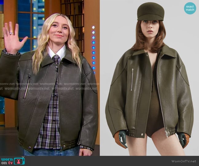 The Frankie Shop Enora Faux Leather Jacket in Olive worn by Paige Bueckers on Good Morning America