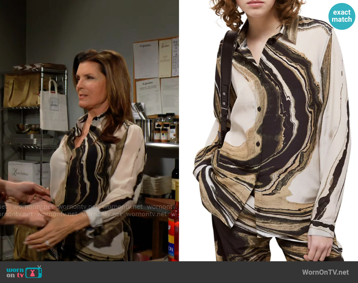 The Kooples Silk Marble Print Blouse worn by Sheila Carter (Kimberlin Brown) on The Bold and the Beautiful