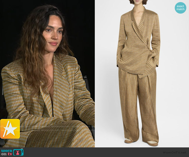 The Row Jeremiah Check Wrap Jacket worn by Adria Arjona on Access Hollywood