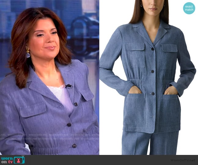 Theory Denim Pattern Cinched Waist Linen Blend Jacket worn by Ana Navarro on The View