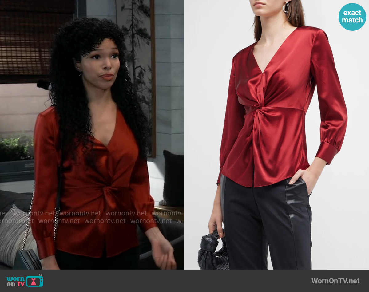 Theory Long-Sleeve Twisted-Front Satin Blouse worn by Portia Robinson (Brook Kerr) on General Hospital