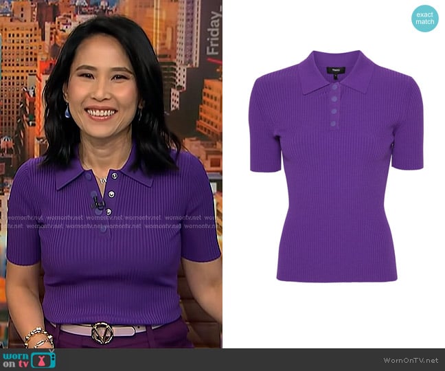 Theory Ribbed Compact Crepe Short-sleeve Polo Shirt in Bright Peony worn by Vicky Nguyen on NBC News Daily