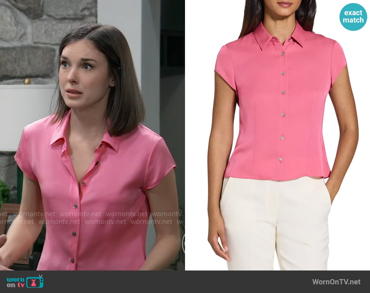 Theory Cap Sleeve Silk Shirt in Bright Pink worn by Willow Tait (Katelyn MacMullen) on General Hospital
