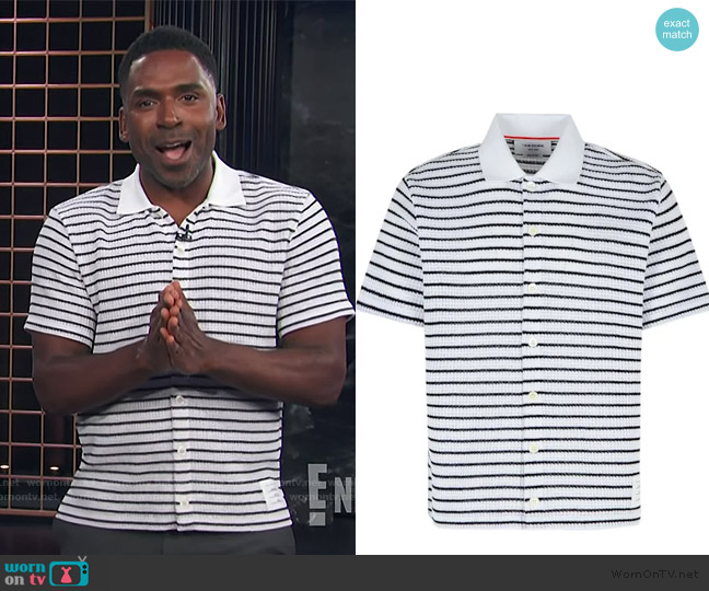 Thom Browne Stripe Short Sleeve Cotton Knit Button-Up Shirt worn by Justin Sylvester on E! News