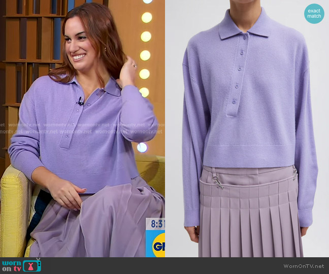 Tibi Washable Cashmere Easy Polo Cropped Sweater in Lavender worn by Hannah Berner on Good Morning America