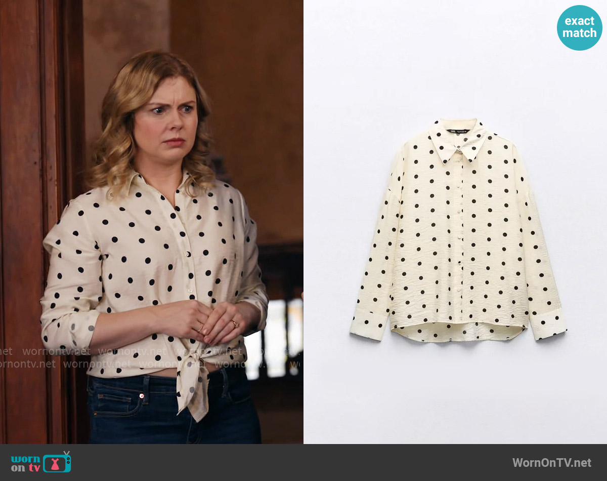 Zara Polka Dot Shirt worn by Sam (Rose McIver) on Ghosts