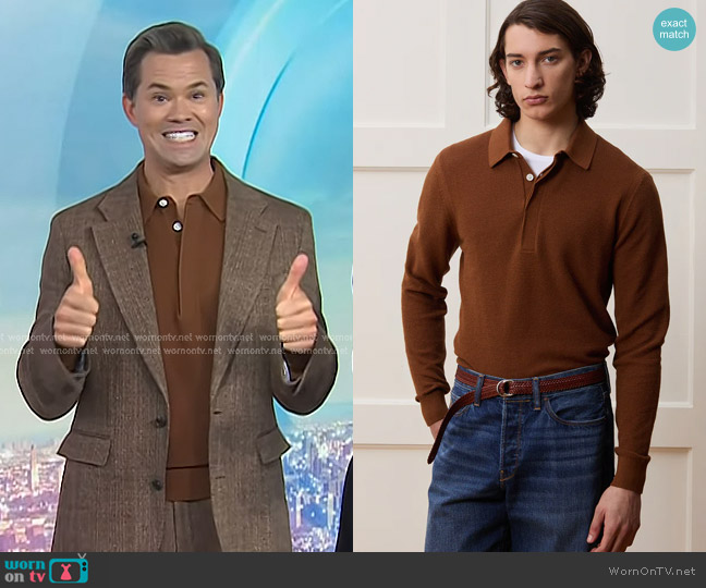 Todd Snyder Vista Sweater Polo in Cigar worn by Andrew Rannells on Today