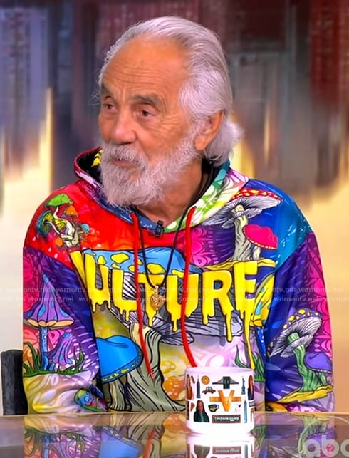 Tommy Chong’s multicolored mushroom print hoodie on The View