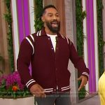 Tone Bell’s burgundy stripe cardigan and jeans on Sherri
