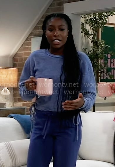 Trina’s blue drawstring sweatshirt on General Hospital