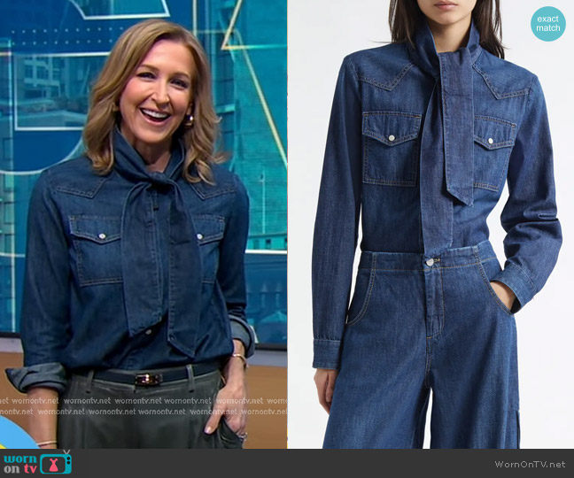 TWP Ranchers Daughter Tie Neck Denim Shirt in Dark Wash worn by Lara Spencer on Good Morning America
