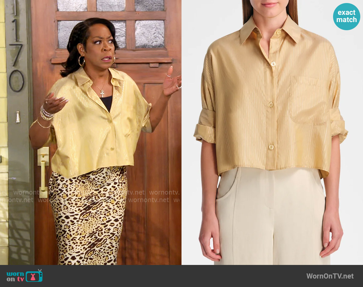 TWP Next Ex Striped Button-Front Shirt in Goldenrod Gold worn by Tina Butler (Tichina Arnold) on The Neighborhood