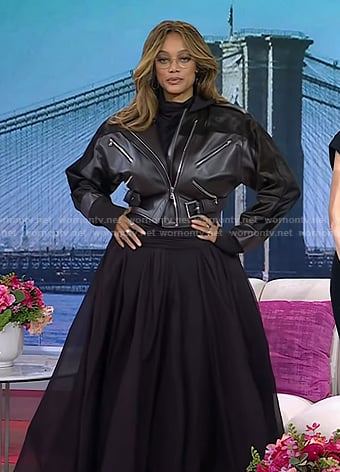 Tyra Banks’s black dress and leather moto jacket on Today