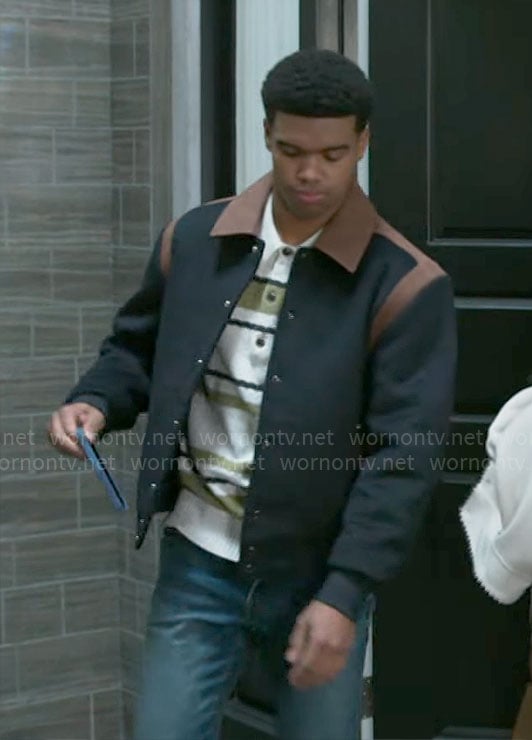 Tyrell’s navy and brown jacket on Beyond the Gates