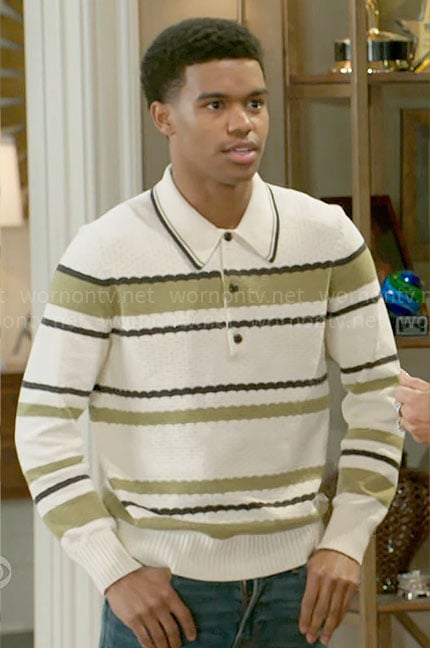 Tyrell’s green striped polo sweater on Beyond the Gates