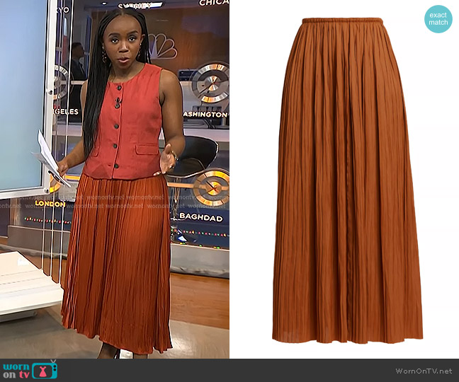 Ulla Johnson Ineze Pleated Satin Midi-Skirt in Amber worn by Zinhle Essamuah on NBC News Daily