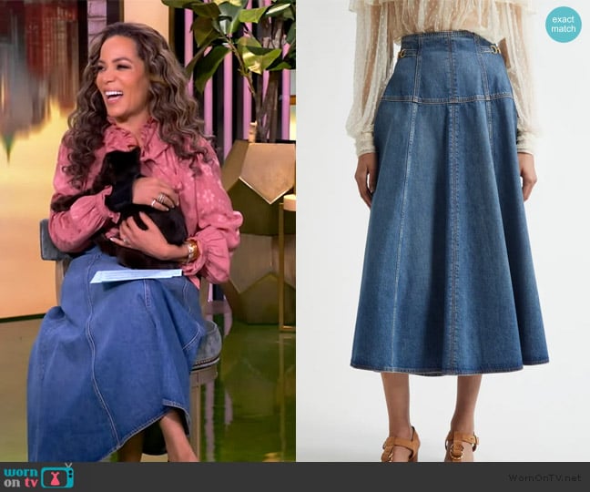 Ulla Johnson The Brigette embellished paneled denim midi skirt worn by Sunny Hostin on The View