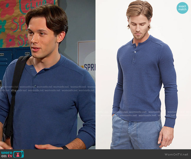 Velvet by Graham & Spencer Jake Thermal Henley in Blue worn by Tate Black (Leo Howard) on Days of our Lives