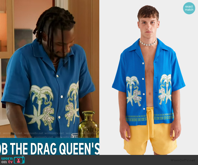 Venroy Embroidered Cotton Mesh Boxy Camp Collar Shirt worn by Scott Evans on Access Hollywood
