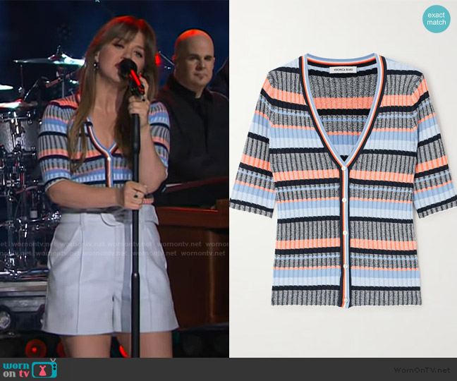 Veronica Beard Calliope striped ribbed-knit cardigan worn by Kelly Clarkson on The Kelly Clarkson Show