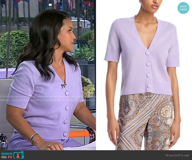 Veronica Beard Solen Cashmere Cardigan in Soft Lilac worn by Laura Jarrett on Today